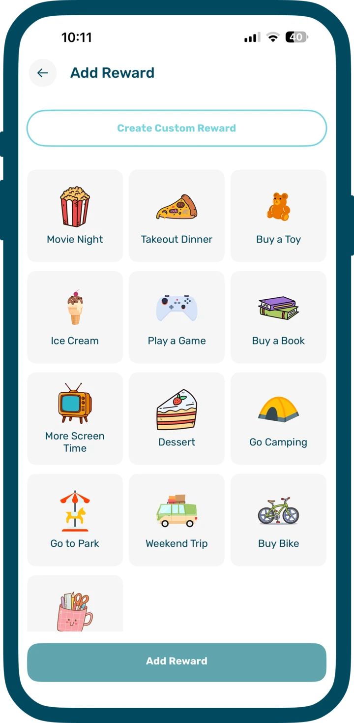 TrulyTidy Add Reward screen with ready-made rewards